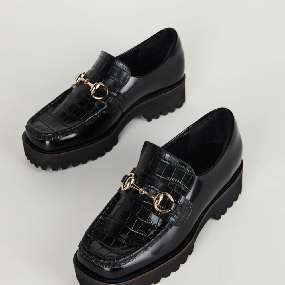 INTENTIONALLY BLANK Black Loafers with Gold Accents